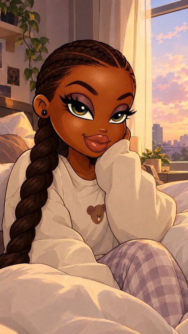 An anime-style illustration shows a young woman with long braided hair and a teddy bear sweatshirt relaxing in bed with a sunset view of a city skyline through a window behind her.