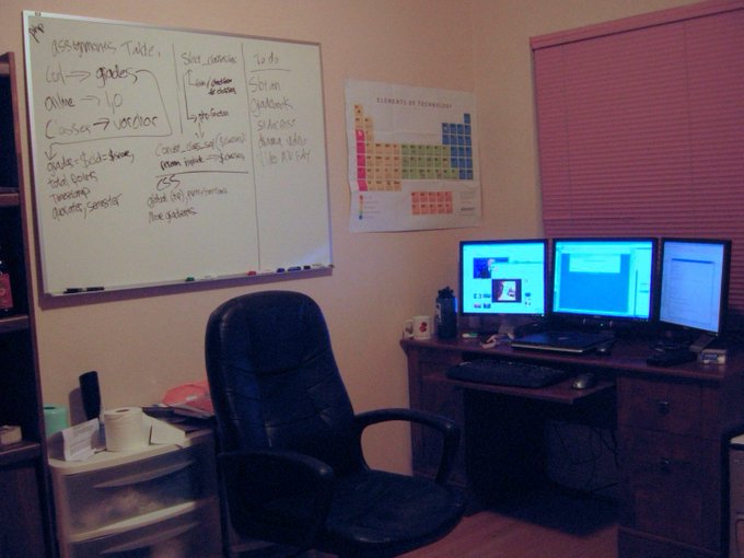 A dimly lit home office features a desk with three monitors displaying code, a black ergonomic office chair, and a whiteboard with writing including "JBoss hypersonic" and a "To do" list, alongside a colorful periodic table poster. The "Factory" in the title likely refers to the JBoss application server mentioned on the whiteboard, suggesting this is a developer's workspace where coding projects are underway.