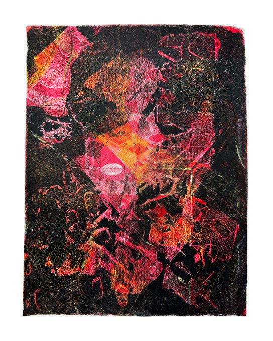 An abstract painting featuring dark tones with vibrant pink, red, and orange geometric shapes and patterns on a textured canvas.