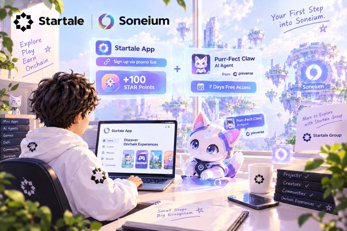A promotional graphic for Startale App on Soneium offering +100 STAR Points, featuring a Startale mascot and Purr-Fect Claw AI Agent with 7 Days Free Access.