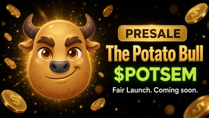 A promotional graphic for 'The Potato Bull $POTSM' presale featuring a cartoon potato character with bull horns, with text stating 'Fair Launch. Coming soon.'