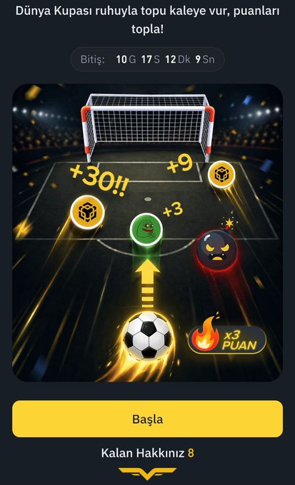 A promotional screenshot for a Binance TR football-themed crypto game with the text "Dünya Kupası ruhuyla topu kaleye vur, puanları topla!" showing a penalty kick mini-game against a goalkeeper face, with end time "10G 17S 12Dk 9Sn" and 8 remaining attempts. The image ties to Binance TR's "Rewarding Football Festival" campaign where players earn rewards by scoring goals, with $BNB and similar coins reportedly boosting point multipliers for top 200 leaderboard qualification.