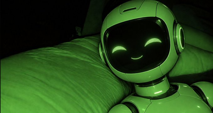 A green-tinted close-up of a small robot with glowing crescent-shaped eyes and a smiling mouth displayed on its dark visor, resting against a soft pillow.