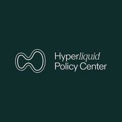 A dark green logo for the 'Hyperliquid Policy Center' featuring a stylized infinity-like symbol next to the text.