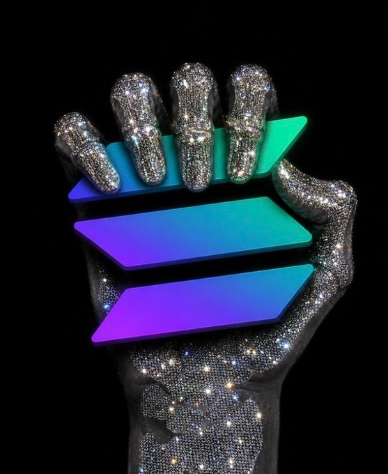 A silver glittery hand grips geometric shapes featuring teal, blue, and purple gradients against a black background.