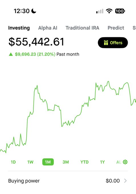 A mobile investing app screen displays a portfolio balance of $55,442.61 with a $9,696.23 (21.20%) gain over the past month, alongside tabs for "Alpha AI," "Traditional IRA," and "Predict," suggesting a comparison between AI-driven and instinct-based trading strategies.