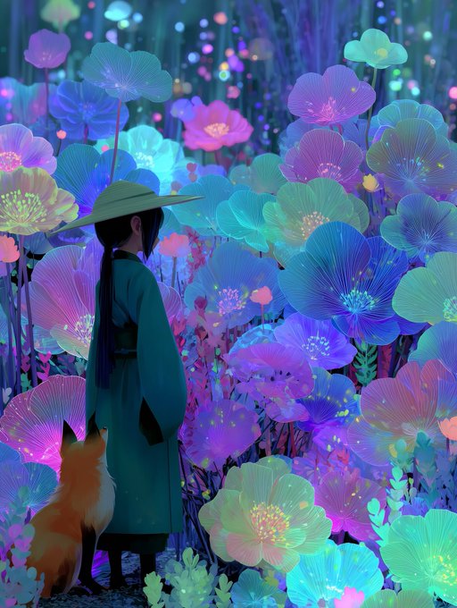 An atmospheric digital artwork of a person in a green robe and wide-brimmed hat standing with a small fox among glowing bioluminescent flowers in shades of blue, purple, and pink.