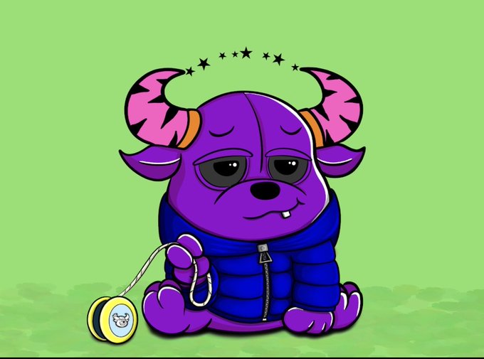 A cartoon illustration of a purple-skinned character with pink horns, wearing a puffy blue jacket and holding a yo-yo with a dog image on it, set against a green background with stars above its head.