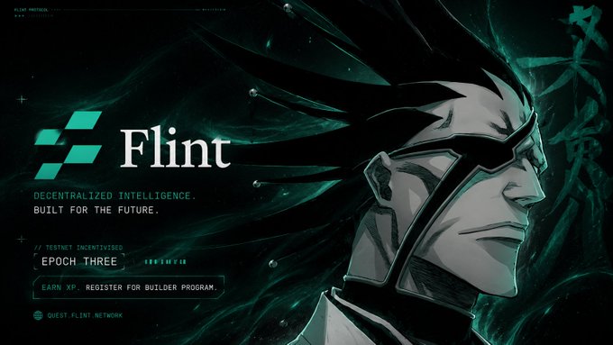 The image features an illustration of a character wearing glasses, possibly from a video game or animated movie, standing against a dark background with a greenish hue. The character appears to have long hair that flows down their back. In front of the character is a banner displaying the text "Flint" and "epoch 3". Below this, there are two lines of text: one stating "Focus on what is in the image and how it relates to the post", and another saying "Really interesting launch coming up next week @flintrwa is dropping a usdc vault focused on euro backed real estate debt Giving onchain capital access to real economic yield with around 10 percent apr and weekly distributions Plus it is going to be available in the us".