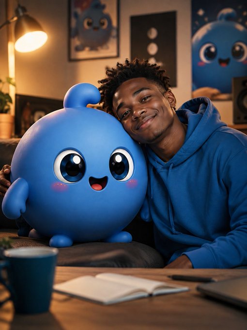 A young man in a blue hoodie hugs a cute blue blob-like character with big eyes and pink cheeks in a cozy room with a lamp, mug, and notebook on the table.