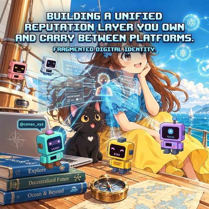 An anime girl sits on a ship's deck surrounded by a black cat, colorful robot companions, and floating holographic data panels, with text reading "BUILDING A UNIFIED REPUTATION LAYER YOU OWN AND CARRY BETWEEN PLATFORMS" and "FRAGMENTED DIGITAL IDENTITY." Books titled "Explore," "Decentralized Future," and "Ocean & Beyond" sit nearby with the handle "@conso_xyz," visually illustrating the post's message about how online identity is scattered across separate gaming, wallet, and social platforms.