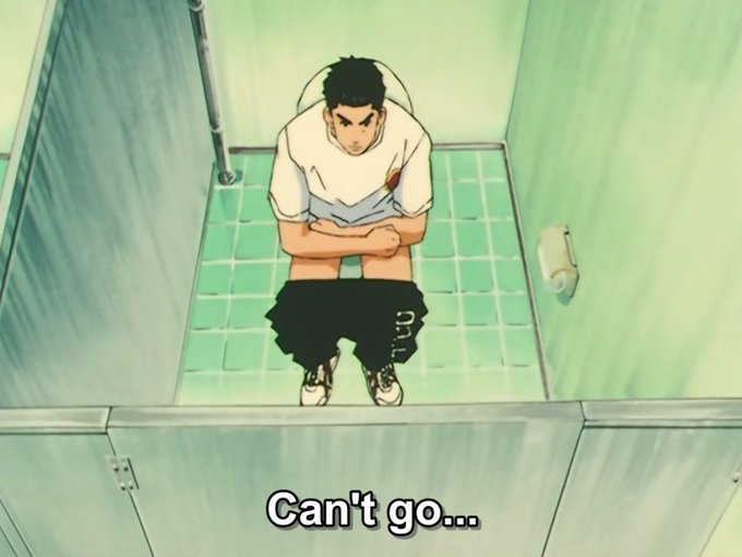 ikebana artist draws a man on the toilet seat, with "Can't go..." text below.