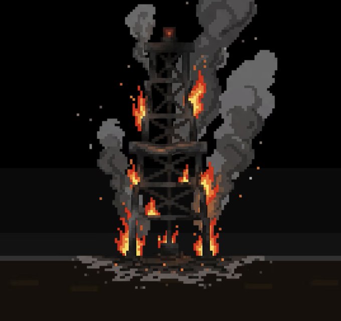 Pixel art of a burning wooden tower structure with flames and smoke against a dark night sky.