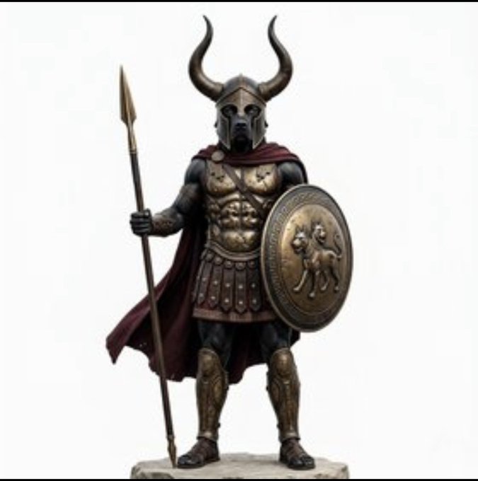 A 3D rendered statue of a Greek warrior or minotaur-like figure wearing a horned helmet, holding a spear and a shield with a winged horse emblem, draped in a red cape.