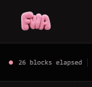 Pink text reading 'FmA' on a black background, with '26 blocks elapsed' displayed below.