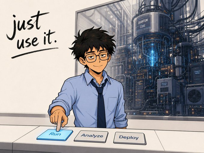 An anime-style illustration of a person in a blue shirt and tie pressing a "Run" button on a console, with the text "just use it." and a quantum core machine in the background, alongside "Analyze" and "Deploy" buttons.