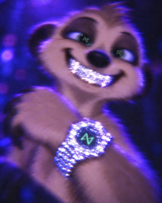 An edited image of a meerkat character with glowing green 'AV' symbols on its eyes, glittery teeth, and a sparkly necklace on a dark purple background.
