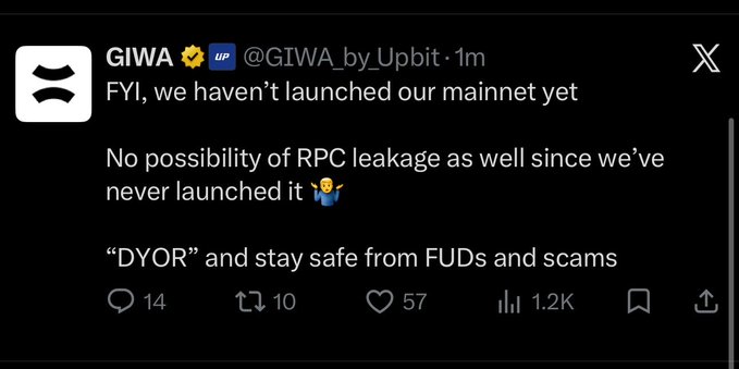 Tweet from GIWA (@GIWA_by_Upbit) clarifying 'FYI, we haven't launched our mainnet yet' and warning about RPC leakage scams, advising users to DYOR.
