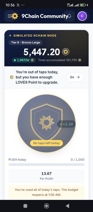 A mobile screenshot of the '9Chain Community' app showing a 'SIMULATED 8CHAIN NODE' for Tier 6 - Bronze Large with a balance of 5,447.20, displaying a message 'You're out of taps today' and 'No taps left today'.