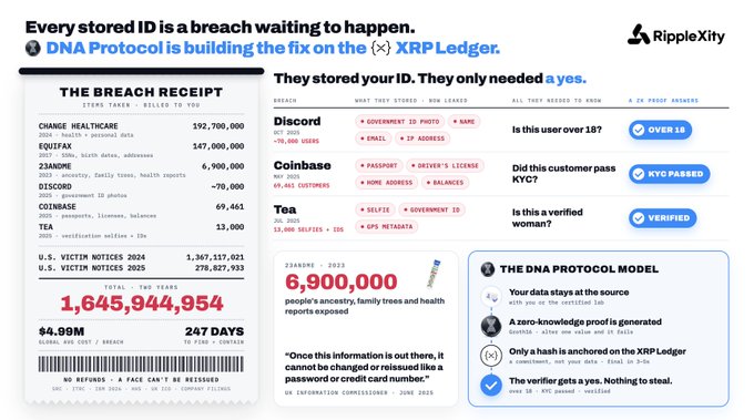 The image presents a "Breach Receipt" infographic highlighting that every stored ID is a breach waiting to happen, featuring a detailed tally of 1,645,944,954 data breaches across companies like 23andMe, Discord, Coinbase, and Equifax—averaging $4.99M per breach over 247 days—while showcasing the DNA Protocol Model as the solution, which keeps user data at the source and uses zero-knowledge proofs (zkProofs) on the XRP Ledger. This visual supports the post by emphasizing the massive scale of centralized ID vulnerabilities and positioning $XRP and DNA Protocol as the privacy-focused alternative.