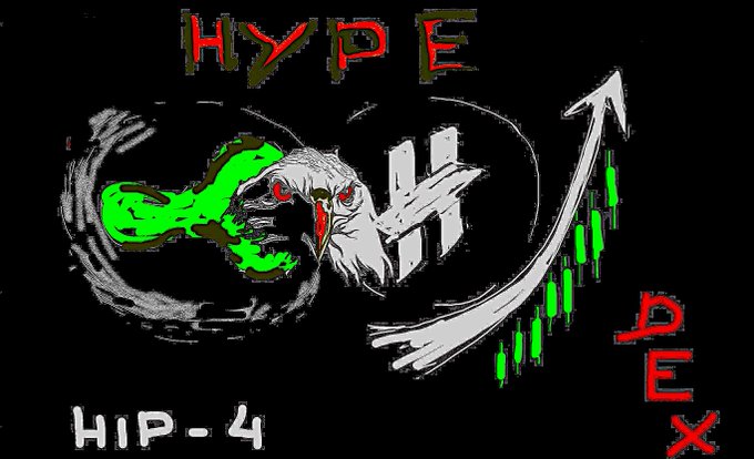 A hand-drawn or stylized illustration on a black background featuring the word 'HYPE' in red at the top and 'PEX' in red on the right, with 'HIP-4' at the bottom; it depicts a white bird or creature with red eyes breathing green fire or liquid, alongside an upward arrow and green candlestick chart bars.