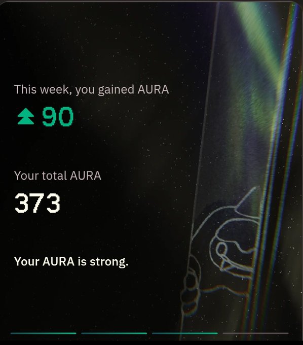 The image displays a dark, starry background with a glowing card-like design on the right side, showing a user has gained ▲90 AURA this week, with a total AURA of 373 and a message stating "Your AURA is strong." The post celebrates "Aura Day" with encouragement to maximize one's AURA using the code "sandro," aligning with the image's theme of tracking and boosting personal AURA points on the Bulk Trade platform.