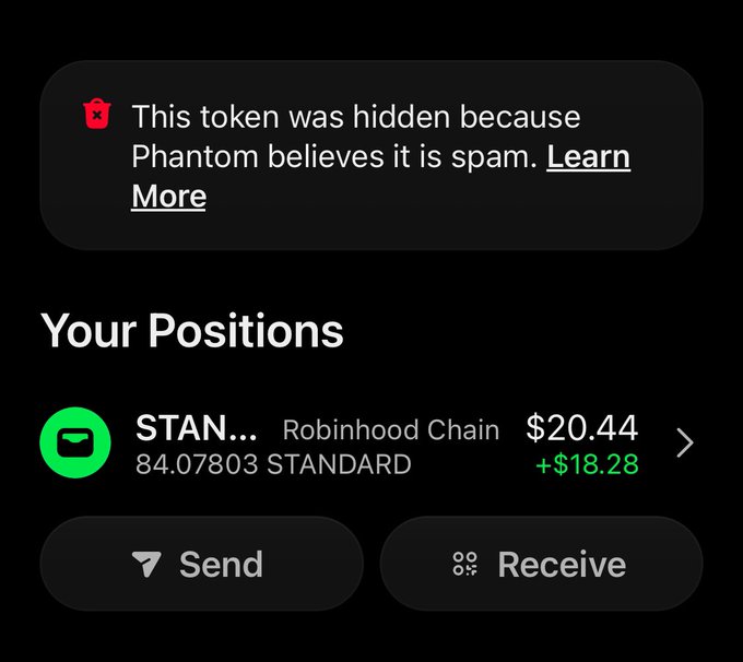A screenshot of the Phantom crypto wallet app showing a hidden token notification and 'Your Positions' section, displaying a holding of 84.07803 STANDARD tokens on the Robinhood Chain valued at $20.44 with a gain of +$18.28.
