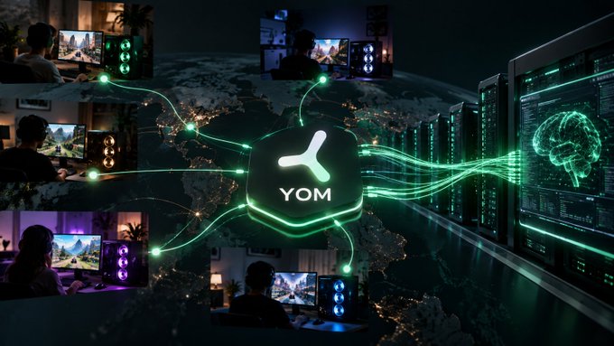 A promotional graphic for 'YOM' showing a glowing green logo over a world map, surrounded by images of gamers at their setups and an AI brain graphic on a monitor.
