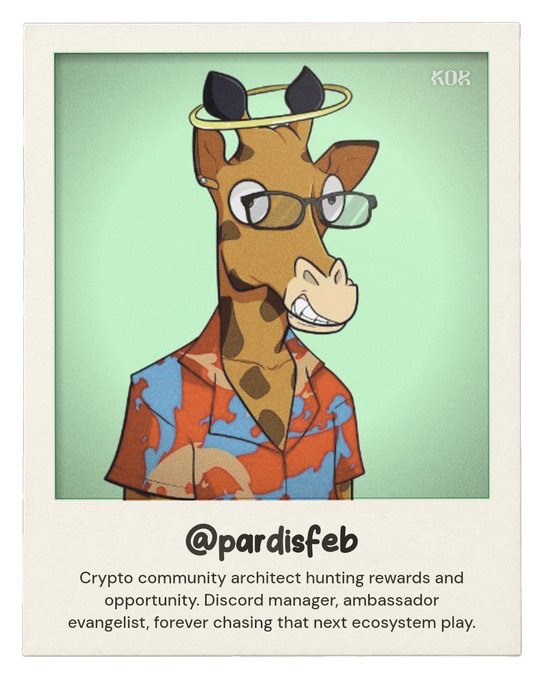 A cartoon giraffe avatar wearing glasses and a halo, dressed in a Hawaiian shirt, displayed in a Polaroid-style frame with the handle "@pardisfeb" and a description identifying them as a "Crypto community architect hunting rewards and opportunity. Discord manager, ambassador evangelist, forever chasing that next ecosystem play." The image represents a minted KOR Protocol ID, tying the user's crypto identity and community role to the KorProtocol ecosystem referenced in the post.