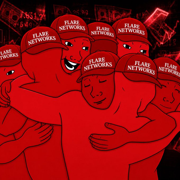 An illustration featuring multiple red cartoon figures wearing 'FLARE NETWORKS' caps, hugging each other against a backdrop of falling dollar bills and red trading charts.