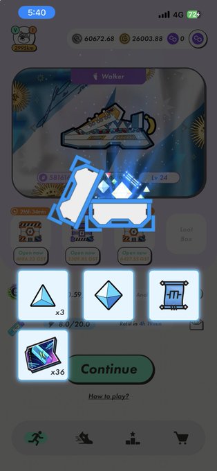 A mobile game screen shows various in-game items including blue crystals, diamonds, and a kiosk, with a 'Continue' button visible at the bottom.