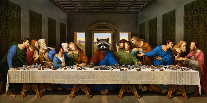 This humorous parody of Leonardo da Vinci's "The Last Supper" features a raccoon in place of Jesus, surrounded by its disciples. The accompanying post "The Last Supper ~ Jimothy" suggests this is a playful interpretation of the iconic artwork.