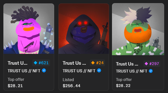 The image shows three "Trust Us // NFT" cards (#621, #24, #297) from the Trust Us collection with prices of $28.21, $256.44, and $28.22, illustrating the NFT assets held by the winning wallets that received the $100 ETH payouts.