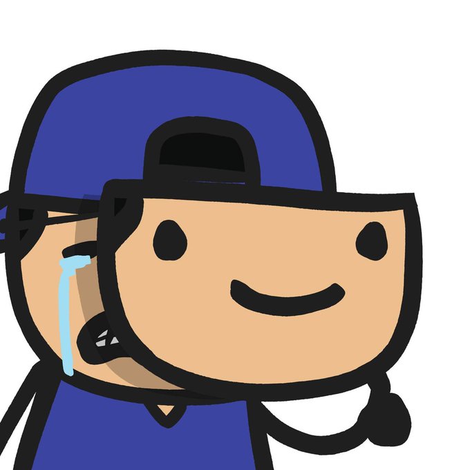 A simple cartoon drawing of a person in a blue cap crying a single blue tear while smiling.