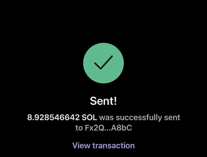 A confirmation screen showing a successful transaction of 8.928546642 SOL sent to wallet address Fx2Q…A8bC, with a green checkmark and a "View transaction" link. This serves as proof of the $SOL payment the poster announced sending to an active follower.