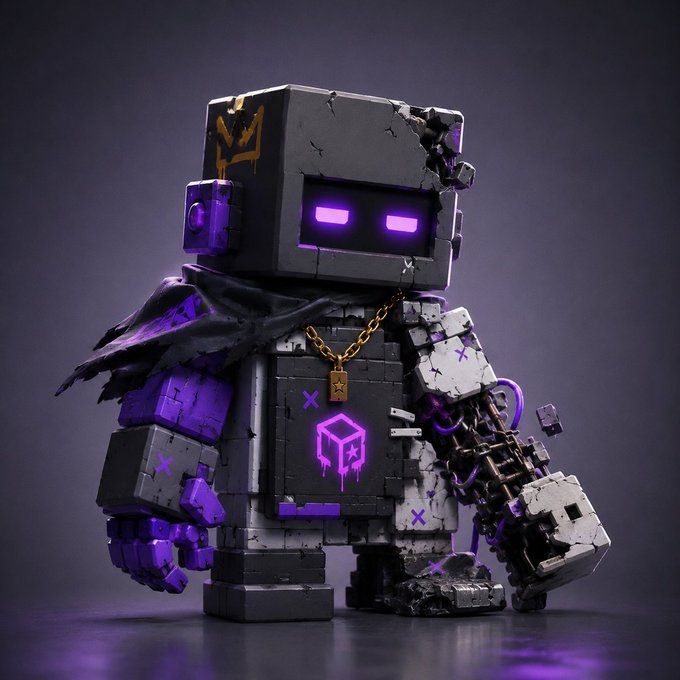 3D rendered artwork of a blocky, damaged robot character with glowing purple eyes, purple accents, a gold chain necklace, and a neon purple cube logo on its chest, set against a dark background.