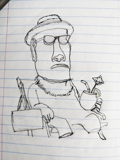 A pen sketch on lined notebook paper depicting a man wearing a hat and sunglasses, holding a cup with a small umbrella.