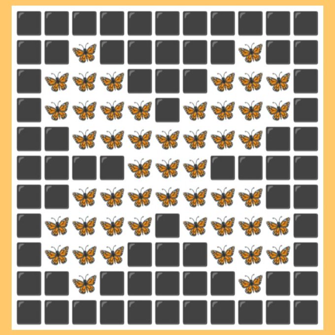 A pixel art image featuring orange monarch butterflies arranged on a grid of dark tiles against a yellow background.
