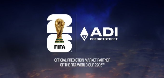 The image features a large, colorful logo that includes a golden trophy and the words "FIFA" and "chainlink might power the official prediction market of the FIFA world cup 2026 ADI". The text also mentions an upcoming event or announcement related to the FIFA world cup.