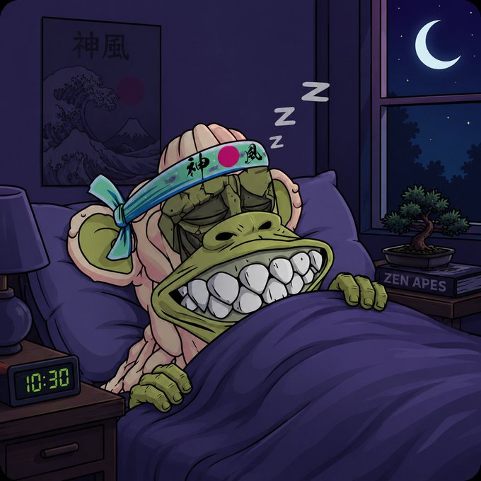 A cartoon green ape wearing a "神風" (Kamikaze) headband sleeps peacefully in bed at 10:30 PM, with "Z" symbols floating above its head and a nightstand beside it displaying a book titled "ZEN APES" beneath a bonsai tree, with a crescent moon visible through the window—perfectly matching the "Good Night Apes" theme of the post wishing crypto, NFT holders, and Zen Apes believers a restful night.