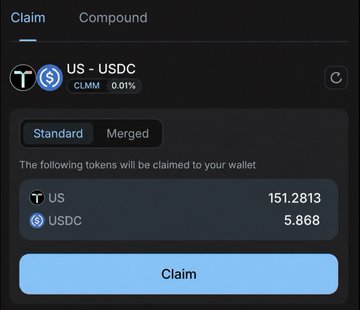 A crypto wallet interface showing a 'Claim' tab with 'US - USDC' selected, ready to claim 151.2813 US and 5.868 USDC tokens from a Compound position (0.01% CLMM).