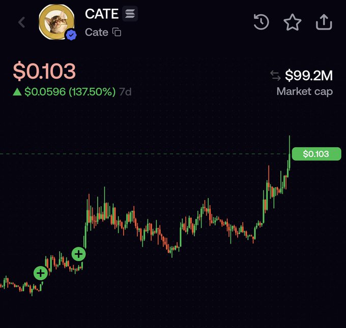 The image shows a candlestick chart for the cryptocurrency token **CATE**, currently priced at **$0.103** with a **+137.50%** gain over 7 days and a **$99.2M** market cap, visually supporting the post's bullish "billions incoming" sentiment with its strong upward price trend.