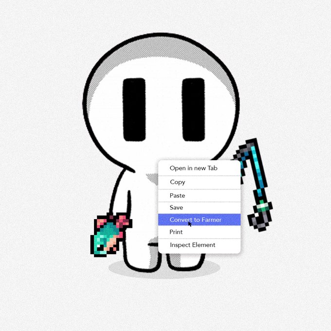 A simple white cartoon figure holding Minecraft-style tools, with a right-click context menu open showing the highlighted option 'Convert to Farmer'.