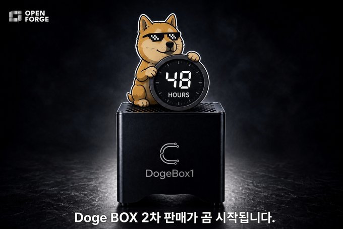 An advertisement for 'DogeBox1' featuring a cartoon Shiba Inu dog wearing sunglasses holding a timer showing '48 HOURS', with Korean text at the bottom indicating a second sale is starting.