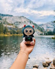 A hand holding a small plush toy with red horns in front of a scenic mountain lake landscape with evergreen trees.