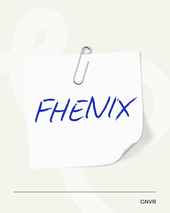 A minimalist graphic of a white sticky note held by a paperclip, with the word 'FHENIX' written in blue handwriting-style text, and 'CNVR' printed in the bottom right corner.