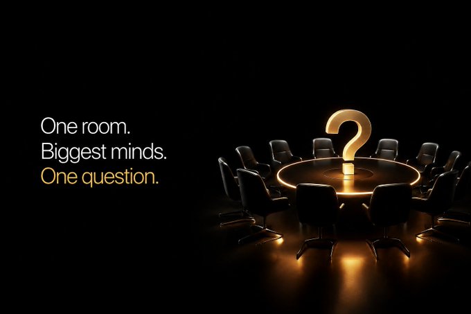 A dimly lit conference room features a round table with chairs and a glowing golden question mark at its center, accompanied by the text "One room. Biggest minds. One question." The image visually reinforces the post's message about looking beyond short-term crypto price action to focus on meaningful discussions happening at Binance Blockchain Week.