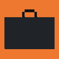 A minimalist icon of a dark briefcase silhouette on a solid orange background.