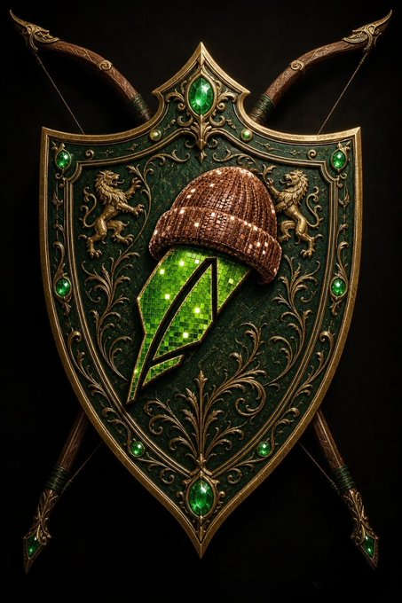 An ornate fantasy shield with a green and gold color scheme, featuring a disco-ball style helmet, a glittering green gem shaped like a profile, crossed bows, lion emblems, and intricate metallic filigree.