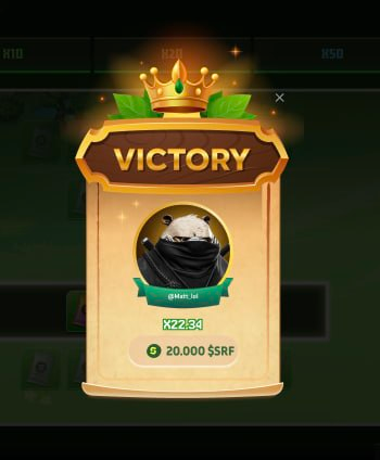 A 'VICTORY' game screen displays a panda avatar wearing a black scarf with the name '@Matt-tnt' and shows rewards of x2.34 and 20,000 $SRF.
